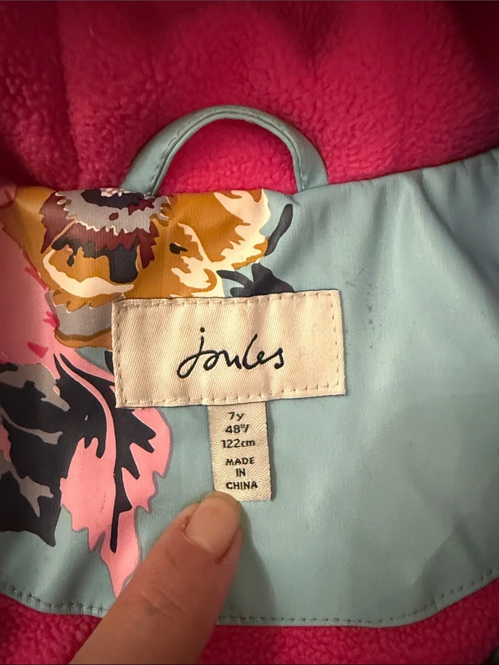 Joules Light Blue Floral Hooded Raincoat with Pink Fleece Lining